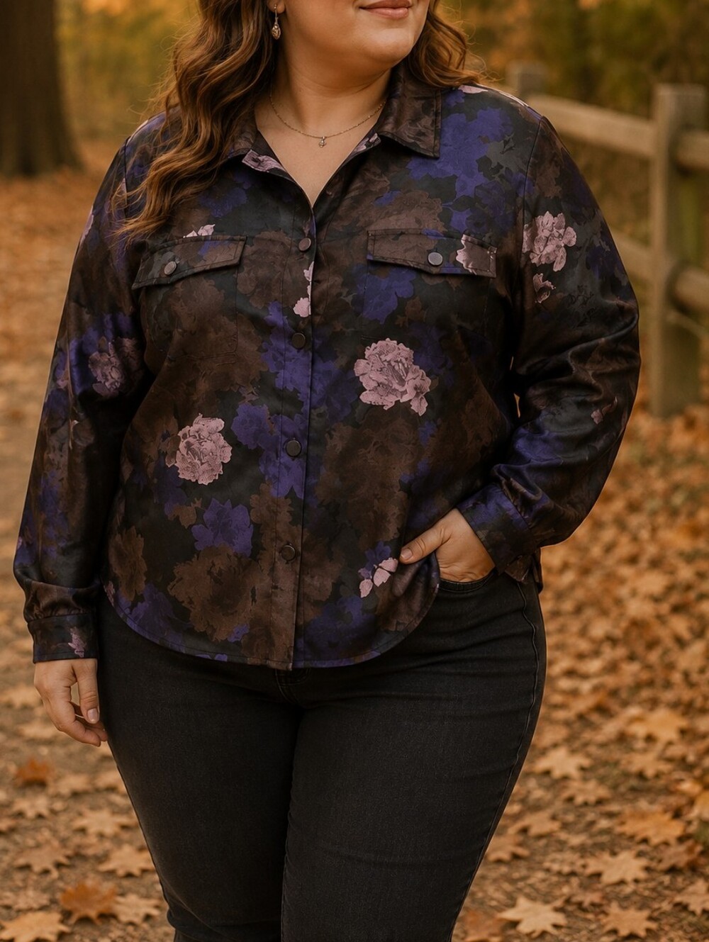 NWT Kaffe Curve Floral Satin Shacket Jacket Plus Size Black Purple Brown